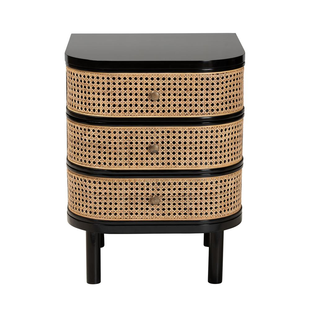 Bohemian Black Bayur Wood and Natural Rattan 3-Drawer End Table Nightstand