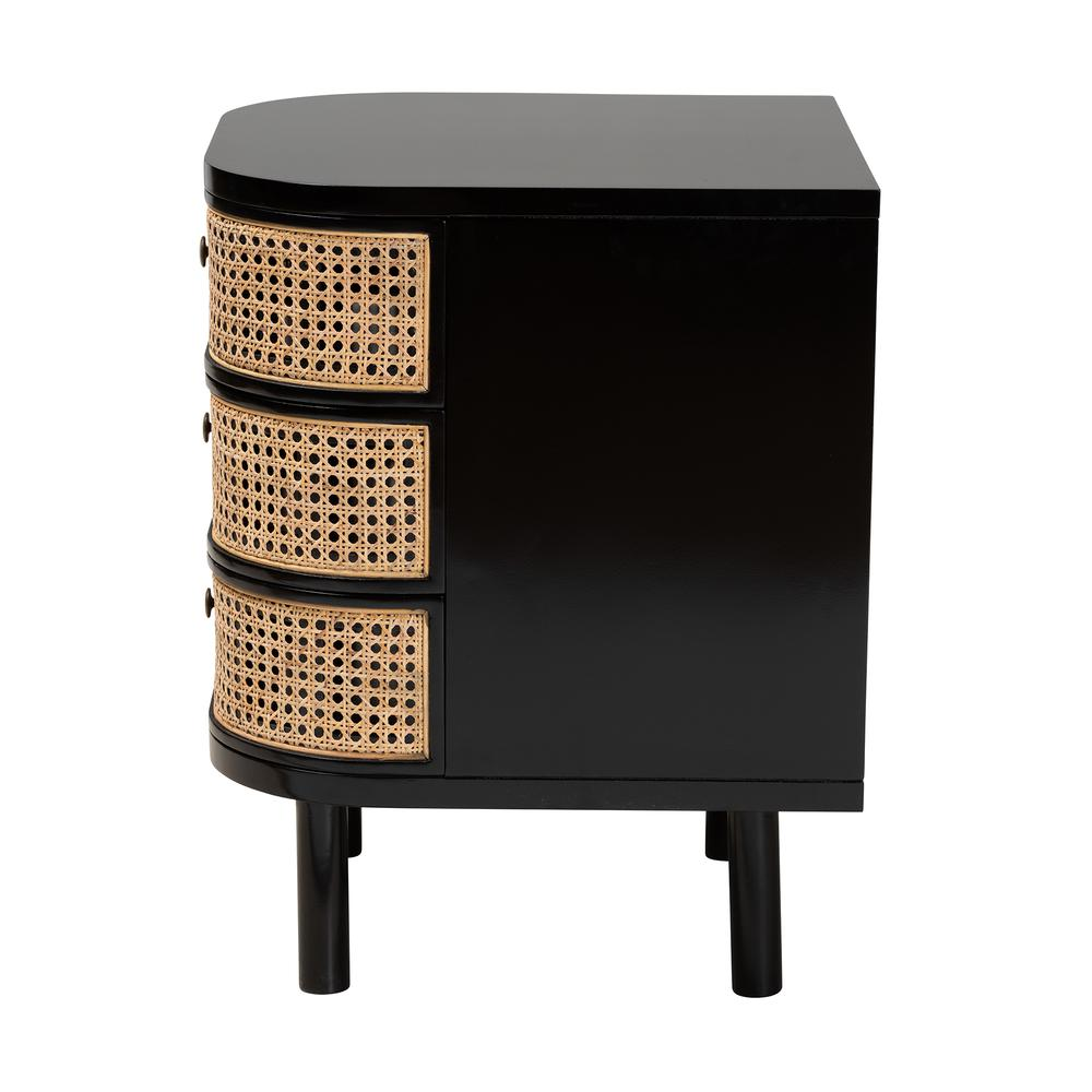 Bohemian Black Bayur Wood and Natural Rattan 3-Drawer End Table Nightstand