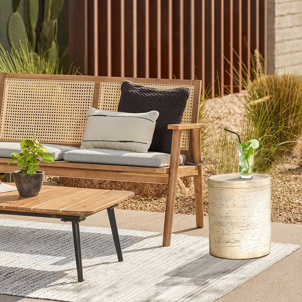 Beige and Brown MgO 13.6" Round Outdoor Side Table