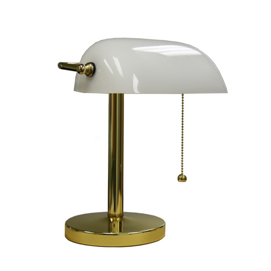 Gold and White Hooded Banker's Lamp