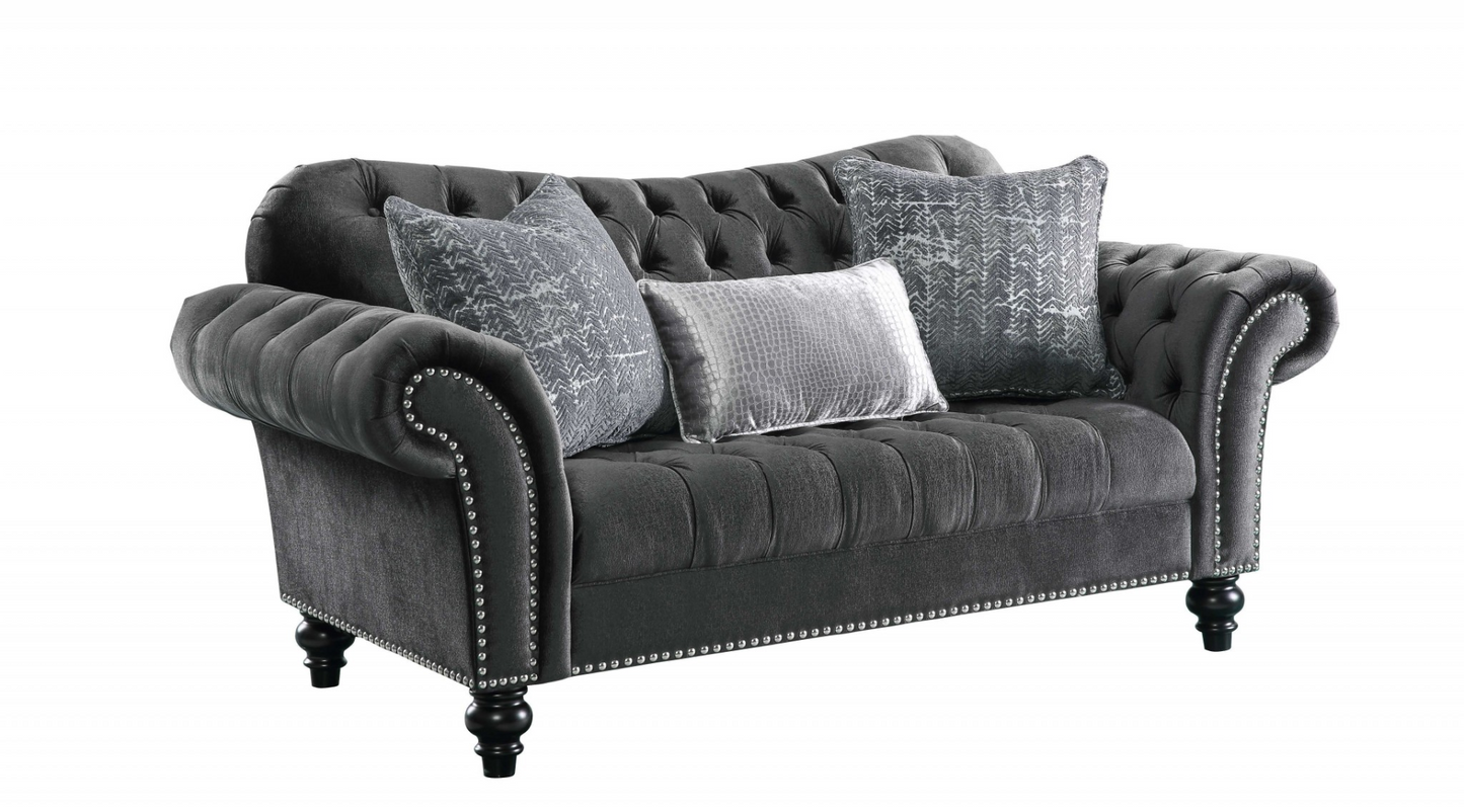 Dark Gray Velvet Loveseat with 3 Pillows