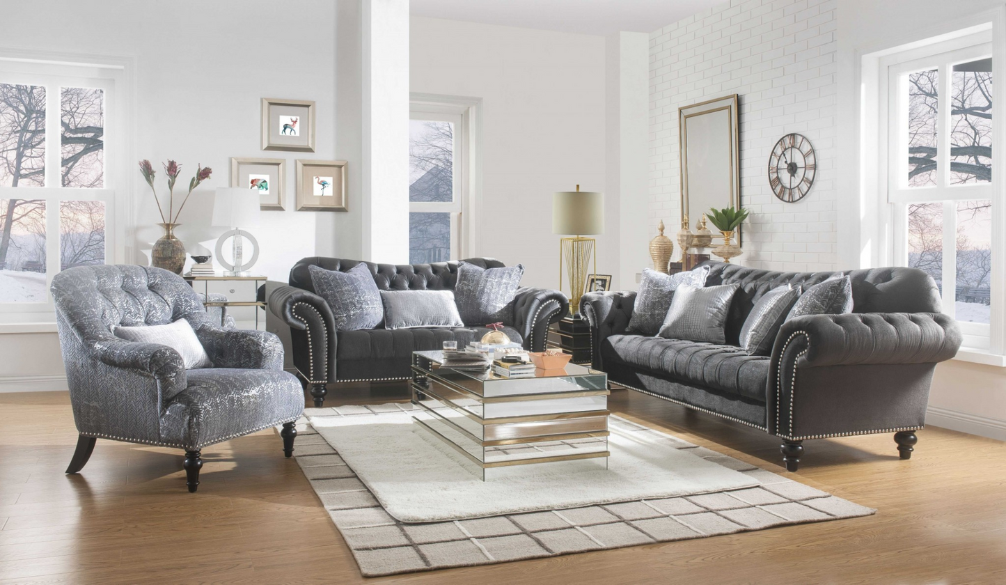 Dark Gray Velvet Loveseat with 3 Pillows