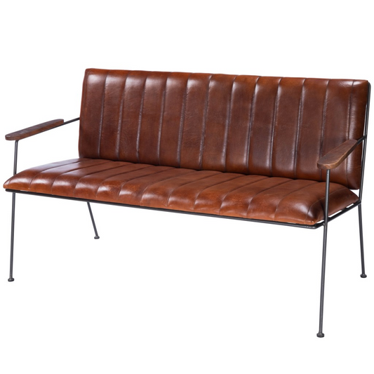 Brown and Black Upholstered Vegan Leather Distressed Bench