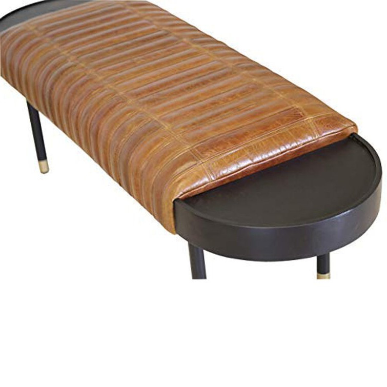 Warm Brown Leather And Solid Wood Bench