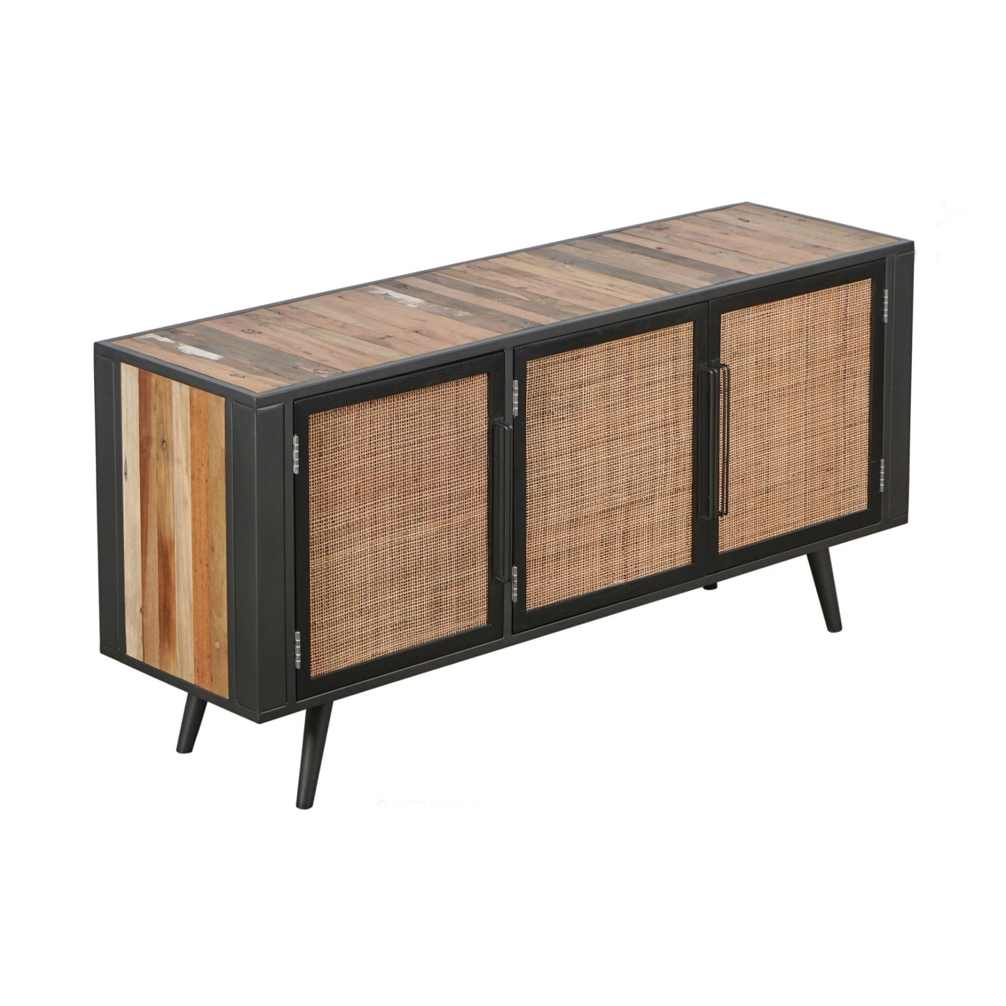 Rustic Black Natural and Rattan Media Cabinet with Three Doors