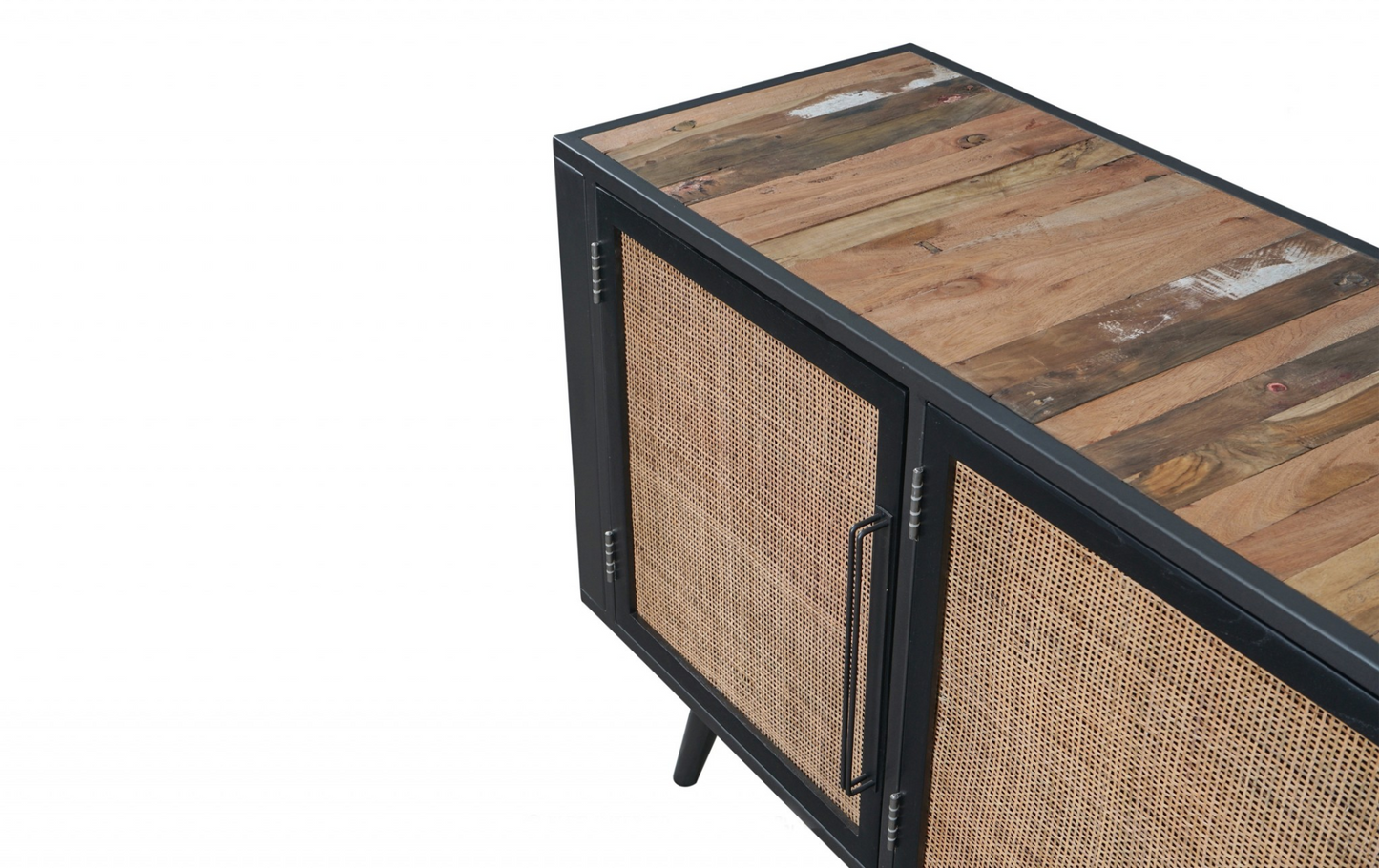 Rustic Black Natural and Rattan Media Cabinet with Three Doors