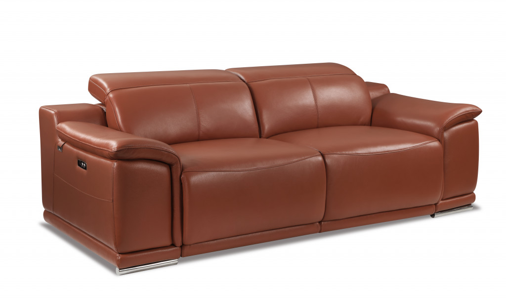 Camel And Silver Italian Leather USB Sofa