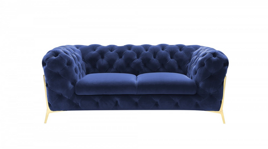 Glam Blue Velvet And Gold Loveseat