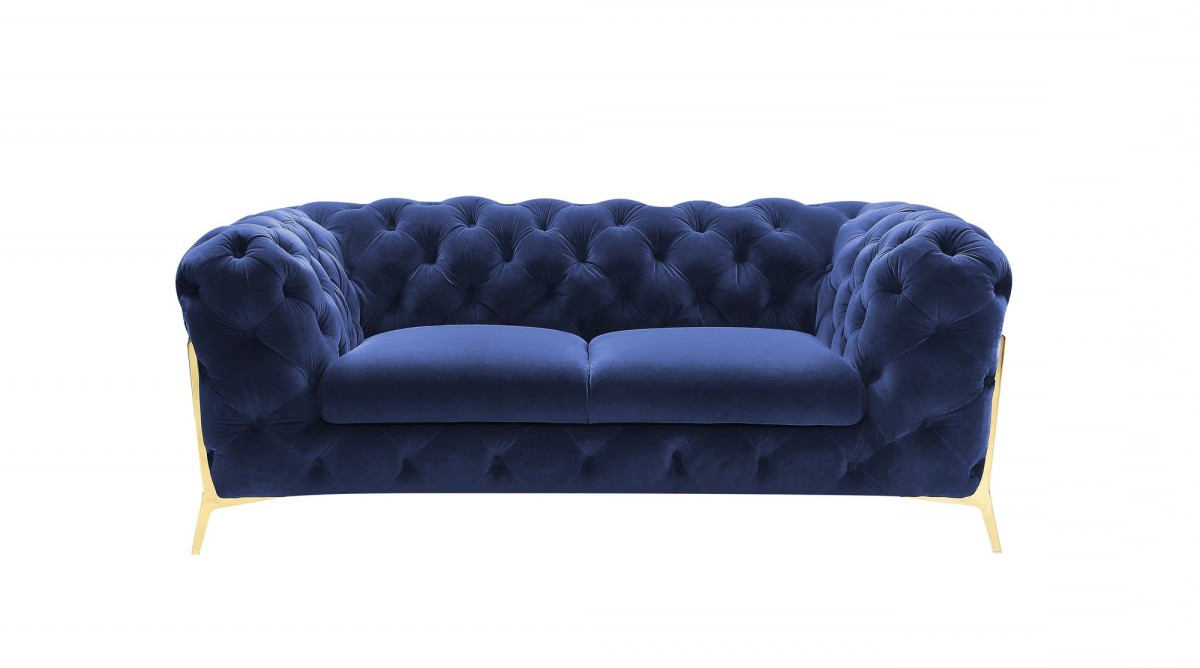 Glam Blue Velvet And Gold Loveseat