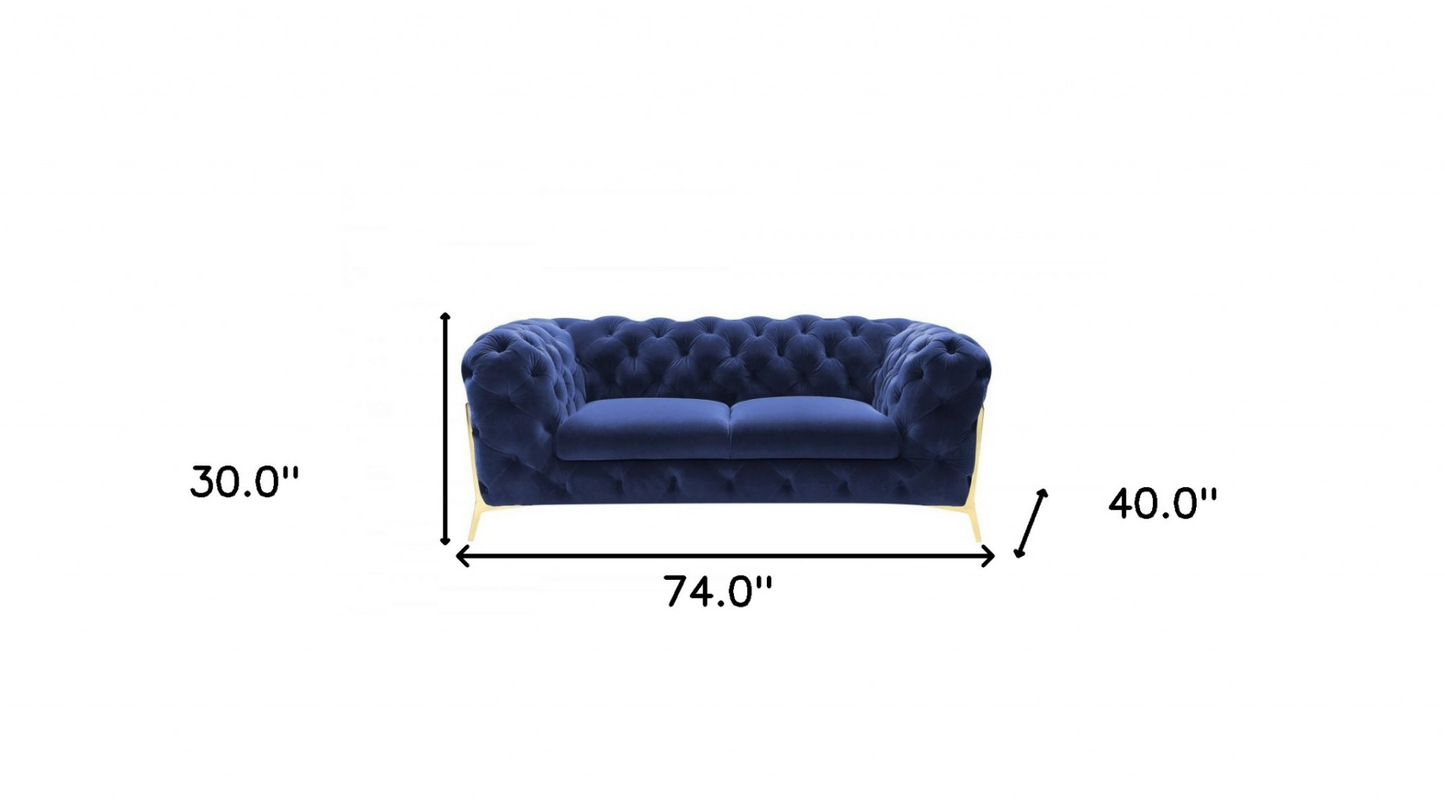 Glam Blue Velvet And Gold Loveseat