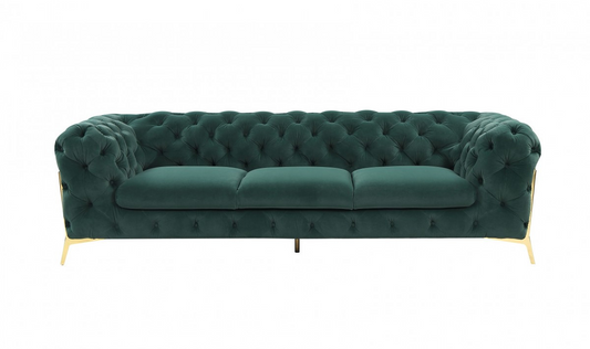 Glam Green Velvet And Gold Accent Sofa