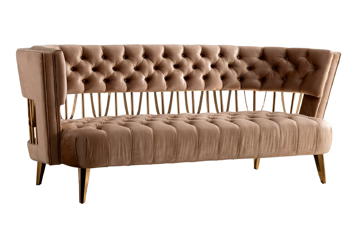 Beige Tufted Velvet and Gold Open Back Sofa