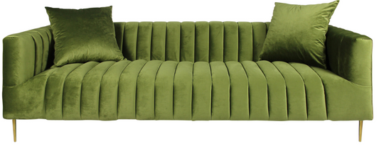 XL Moss Green Velvet And Gold Sofa With Two Toss Pillows