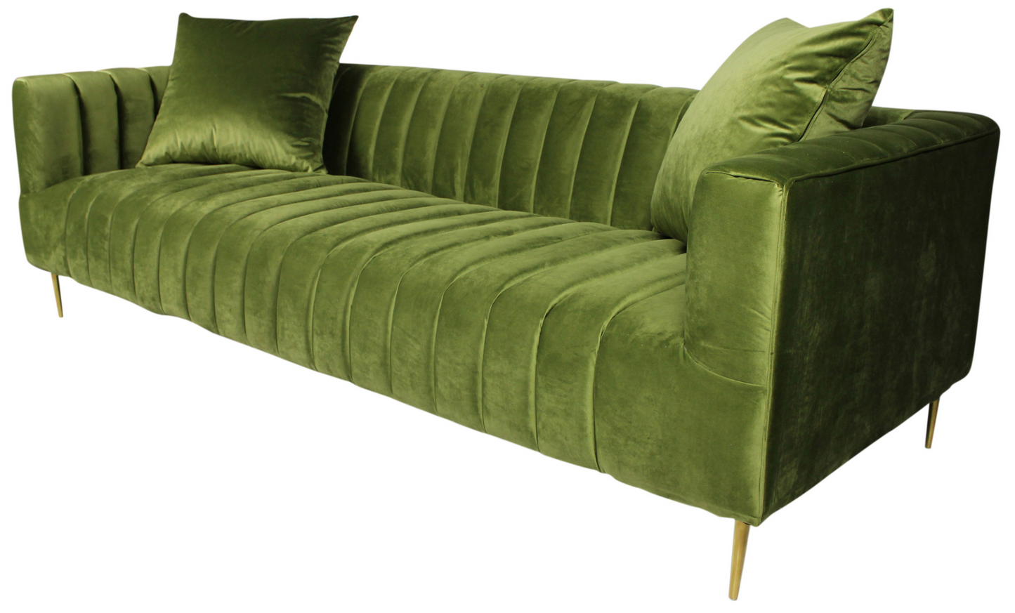 XL Moss Green Velvet And Gold Sofa With Two Toss Pillows