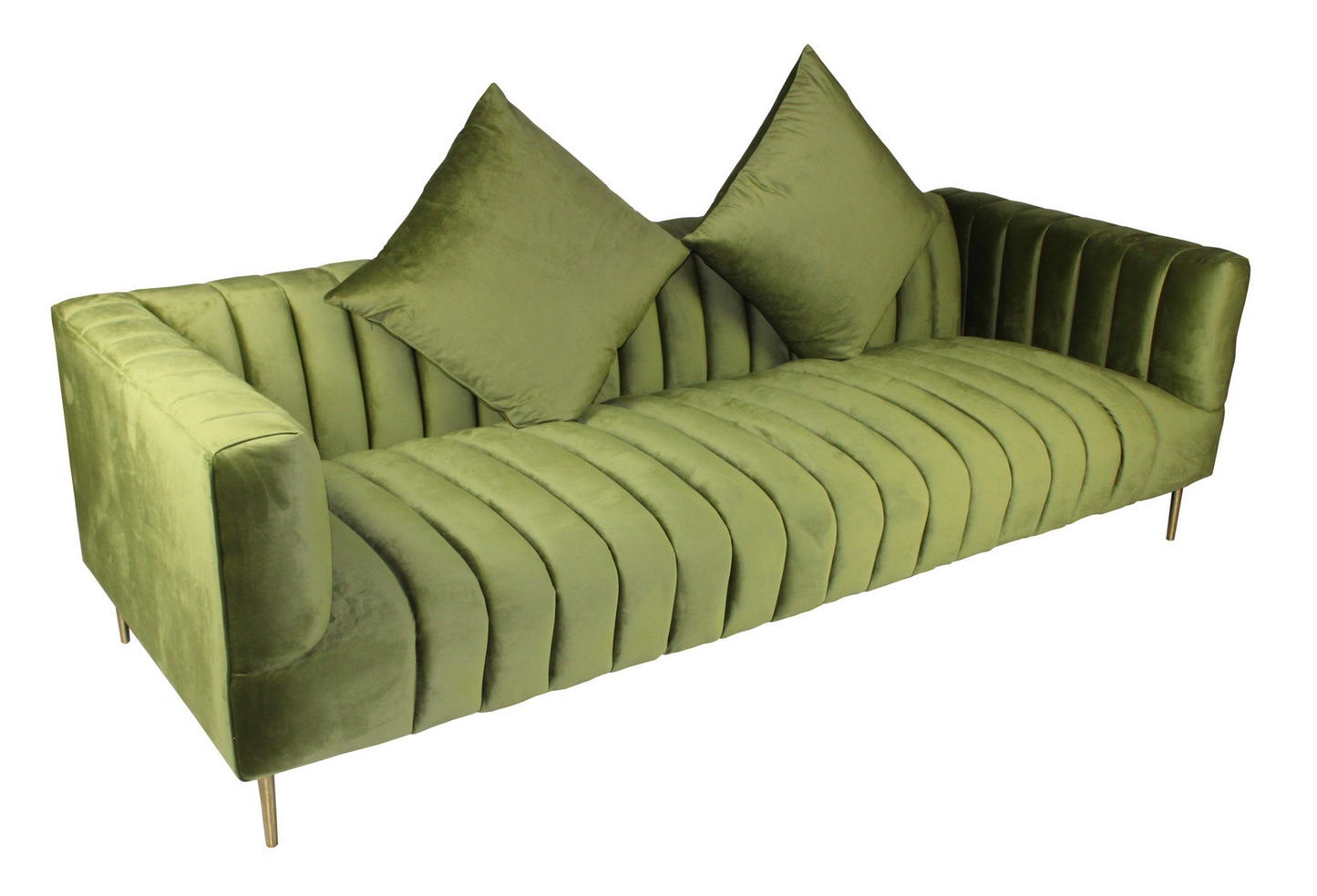 XL Moss Green Velvet And Gold Sofa With Two Toss Pillows