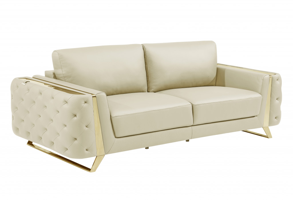 Cream Italian Leather And Gold Sofa 90"