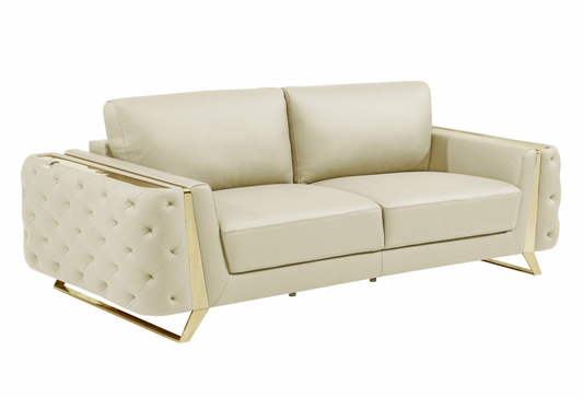 Cream Italian Leather And Gold Sofa 90"