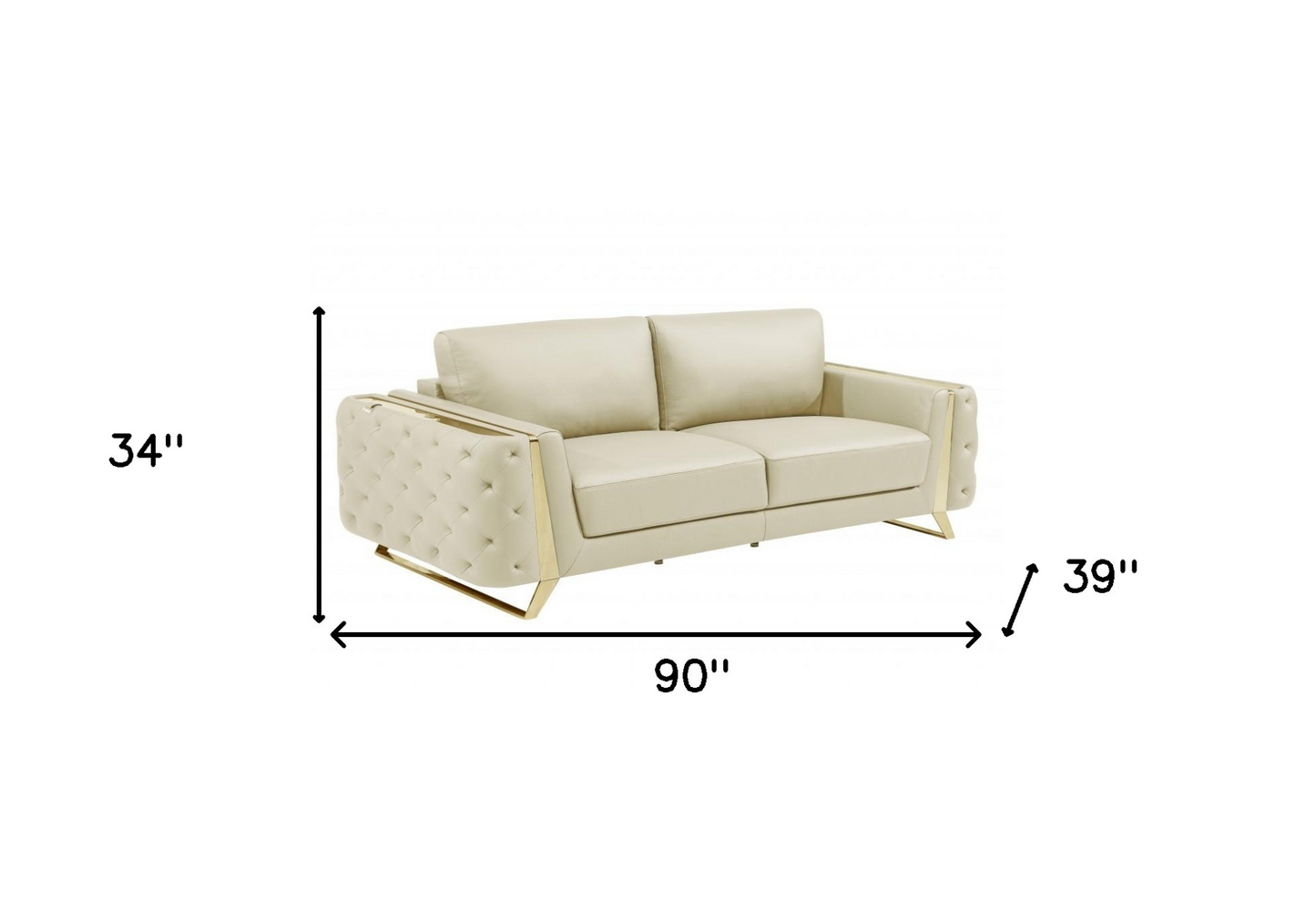 Cream Italian Leather And Gold Sofa 90"