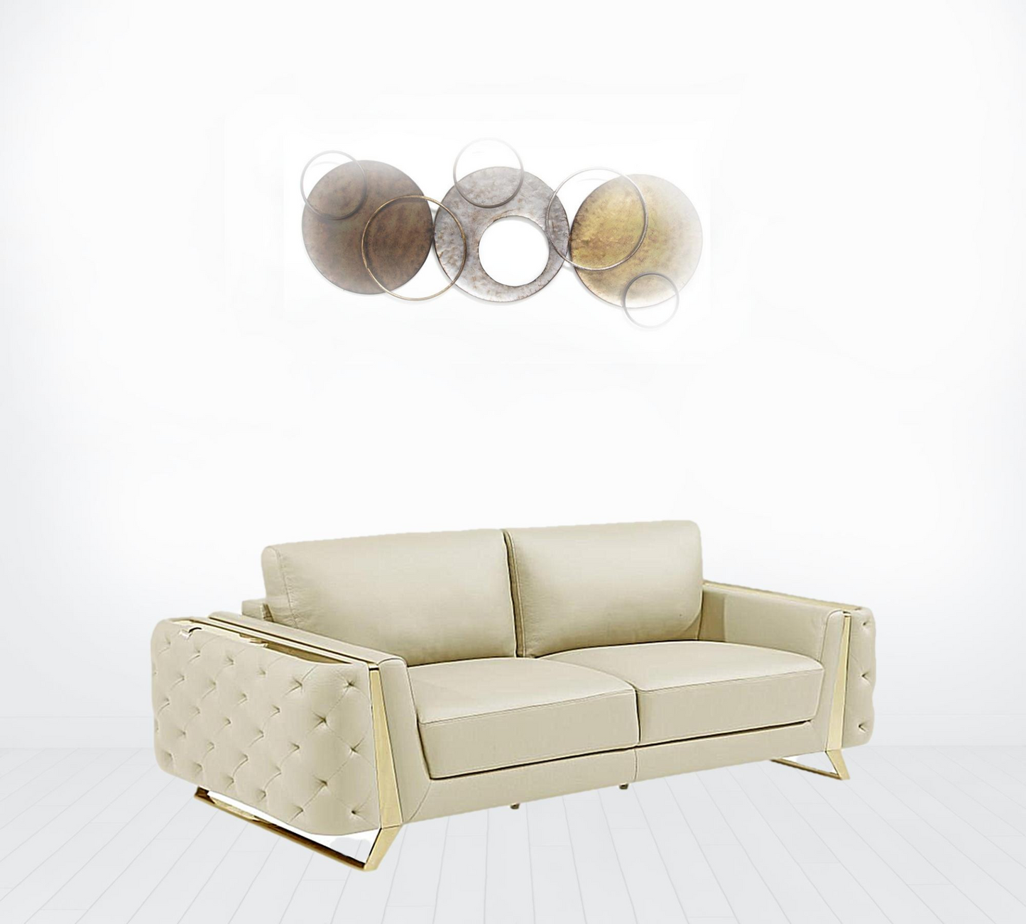 Cream Italian Leather And Gold Sofa 90"