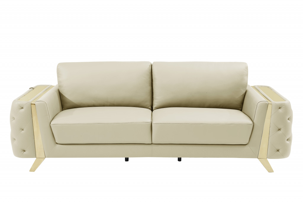 Cream Italian Leather And Gold Sofa 90"