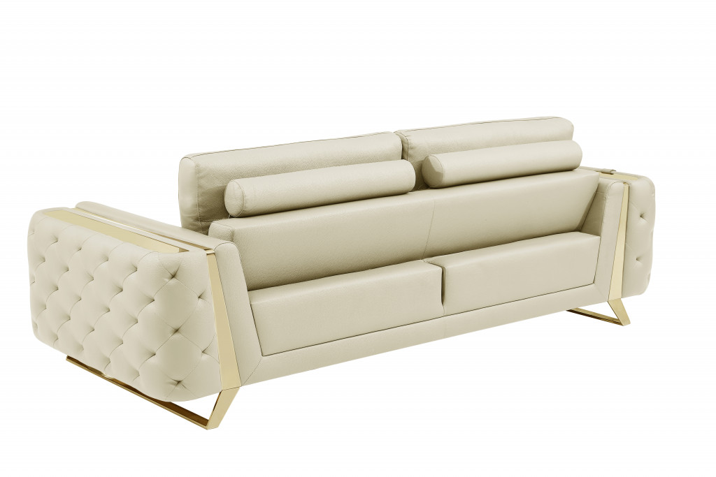 Cream Italian Leather And Gold Sofa 90"