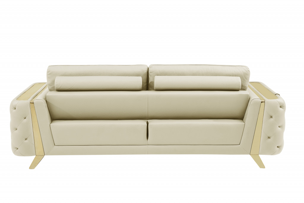 Cream Italian Leather And Gold Sofa 90"