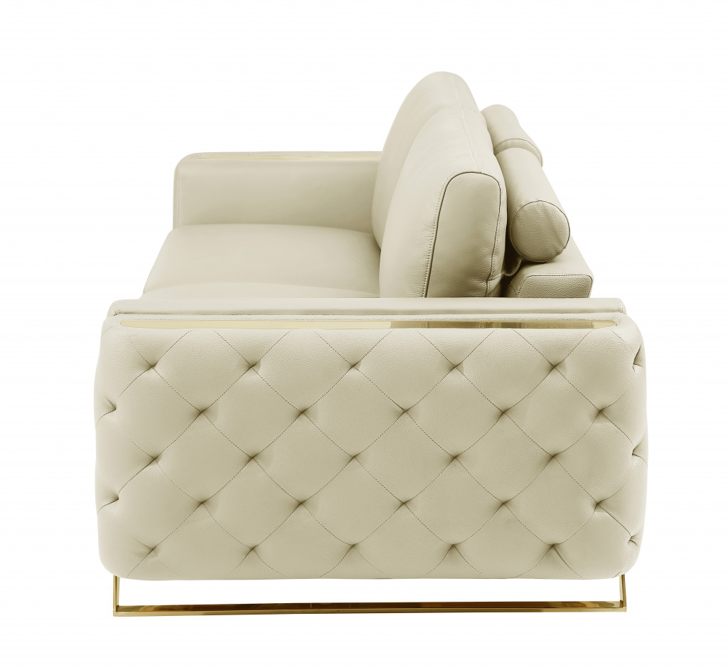 Cream Italian Leather And Gold Sofa 90"