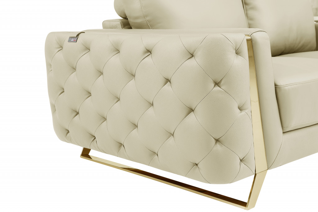 Cream Italian Leather And Gold Sofa 90"