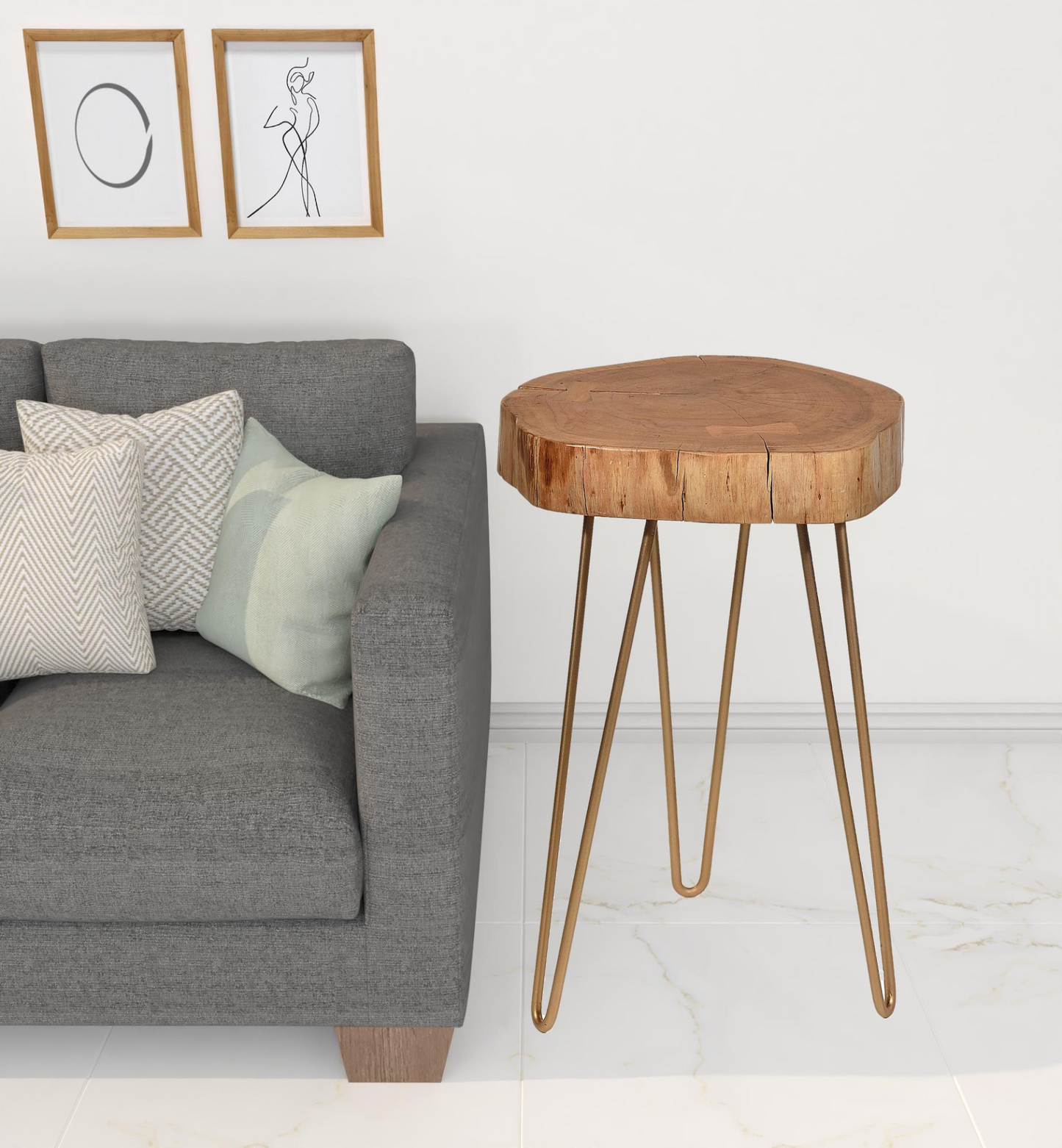 Gold And Natural Solid Wood End Table