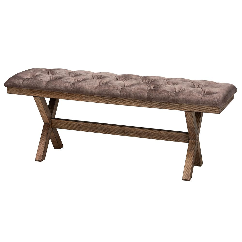 Cherene Farmhouse Chocolate Velvet Fabric and Rustic Brown Finished Wood Bench