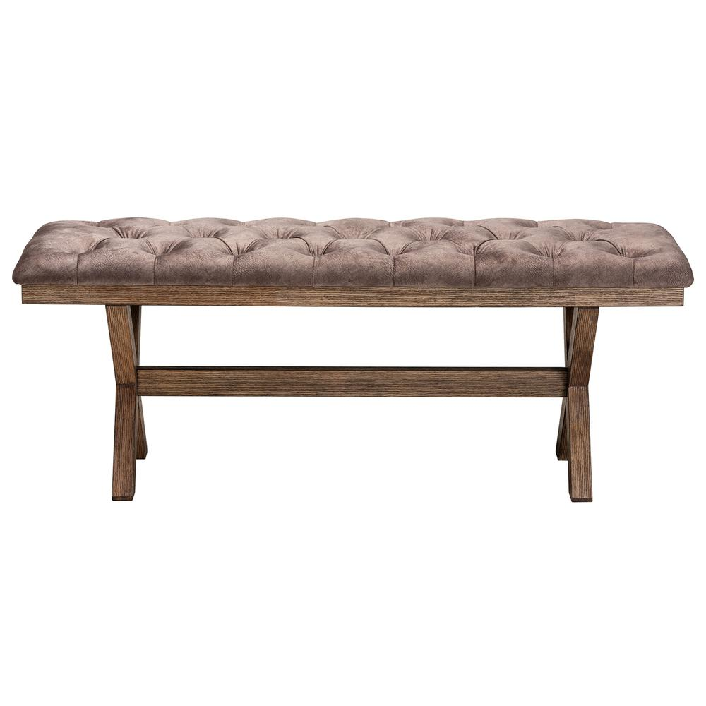 Cherene Farmhouse Chocolate Velvet Fabric and Rustic Brown Finished Wood Bench