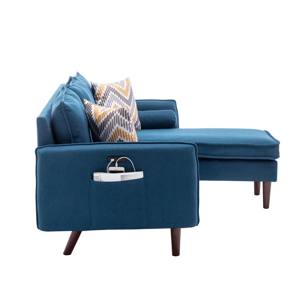 Mia Blue Sectional Sofa Chaise with USB Charger & Pillows