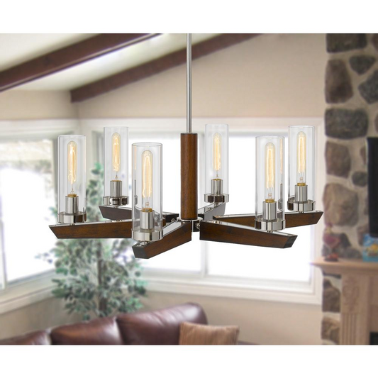 60W x 6 Ercolano pine wood/metal chandelier with clear glass shade (Edison bulbs NOT included), Wood/brushed Steel