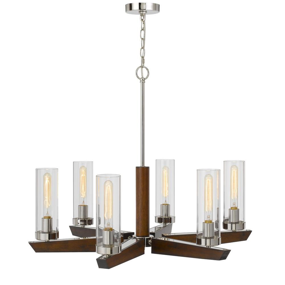 60W x 6 Ercolano pine wood/metal chandelier with clear glass shade (Edison bulbs NOT included), Wood/brushed Steel