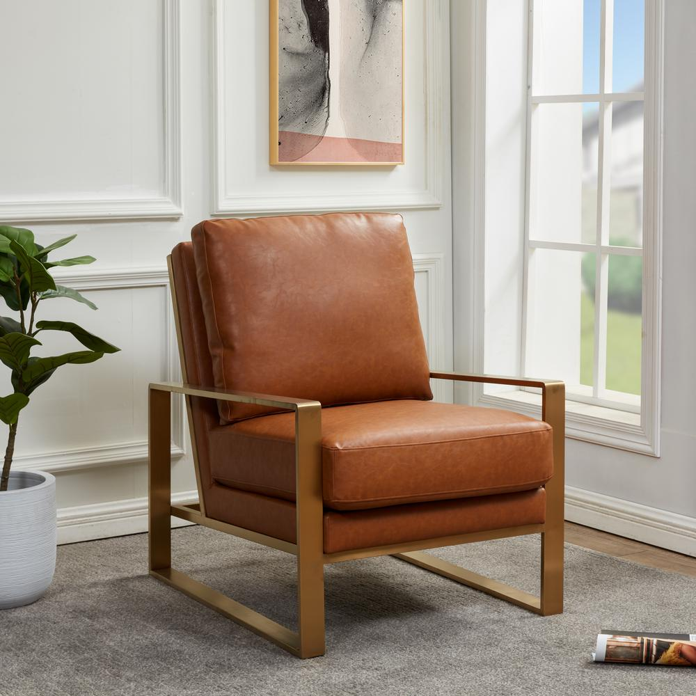 LeisureMod Jefferson Leather Modern Design Accent Armchair With Elegant Gold Frame, Cognac Tan