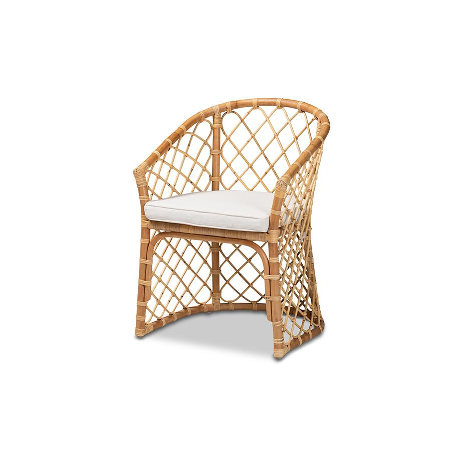 White Fabric Upholstered and Natural Brown Rattan Dining Chair