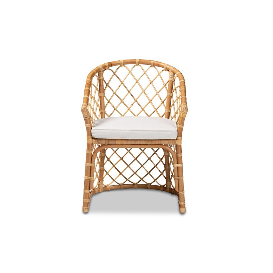 White Fabric Upholstered and Natural Brown Rattan Dining Chair