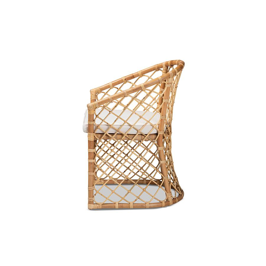 White Fabric Upholstered and Natural Brown Rattan Dining Chair