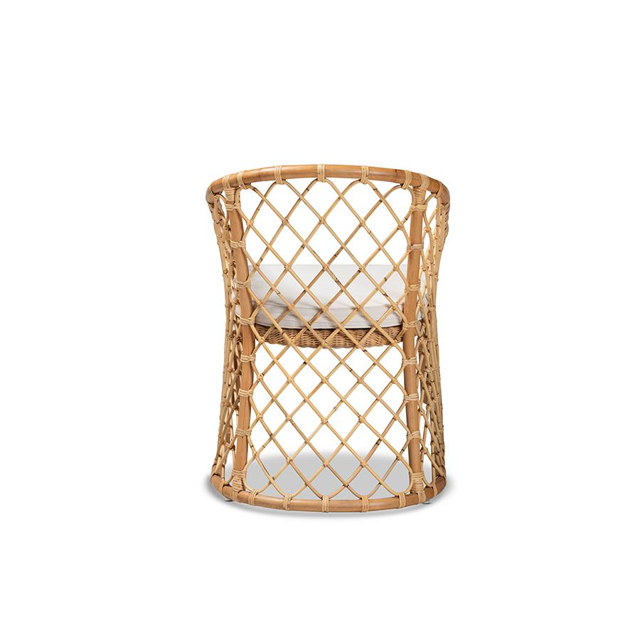 White Fabric Upholstered and Natural Brown Rattan Dining Chair