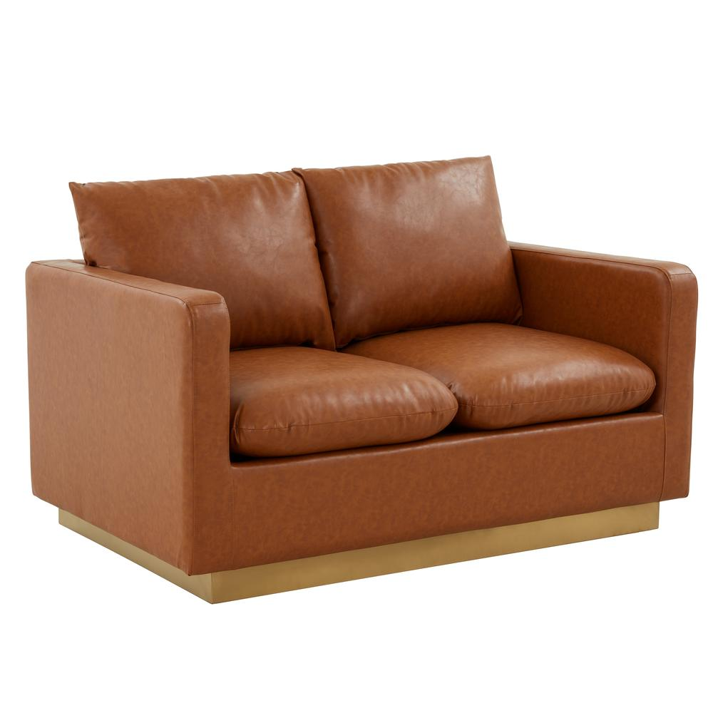 LeisureMod Nervo Modern Mid-Century Upholstered Leather Loveseat with Gold Frame, Cognac Tan