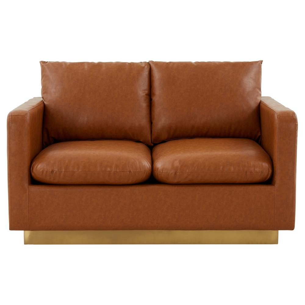 LeisureMod Nervo Modern Mid-Century Upholstered Leather Loveseat with Gold Frame, Cognac Tan