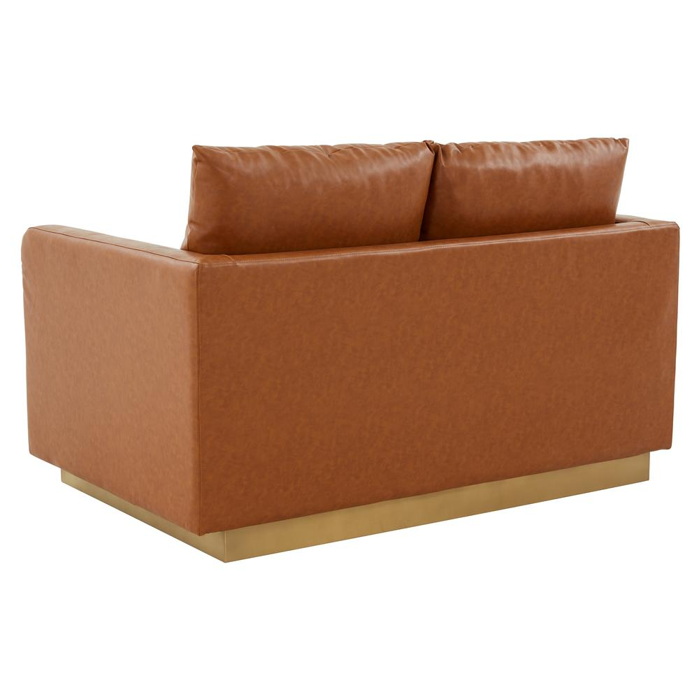 LeisureMod Nervo Modern Mid-Century Upholstered Leather Loveseat with Gold Frame, Cognac Tan