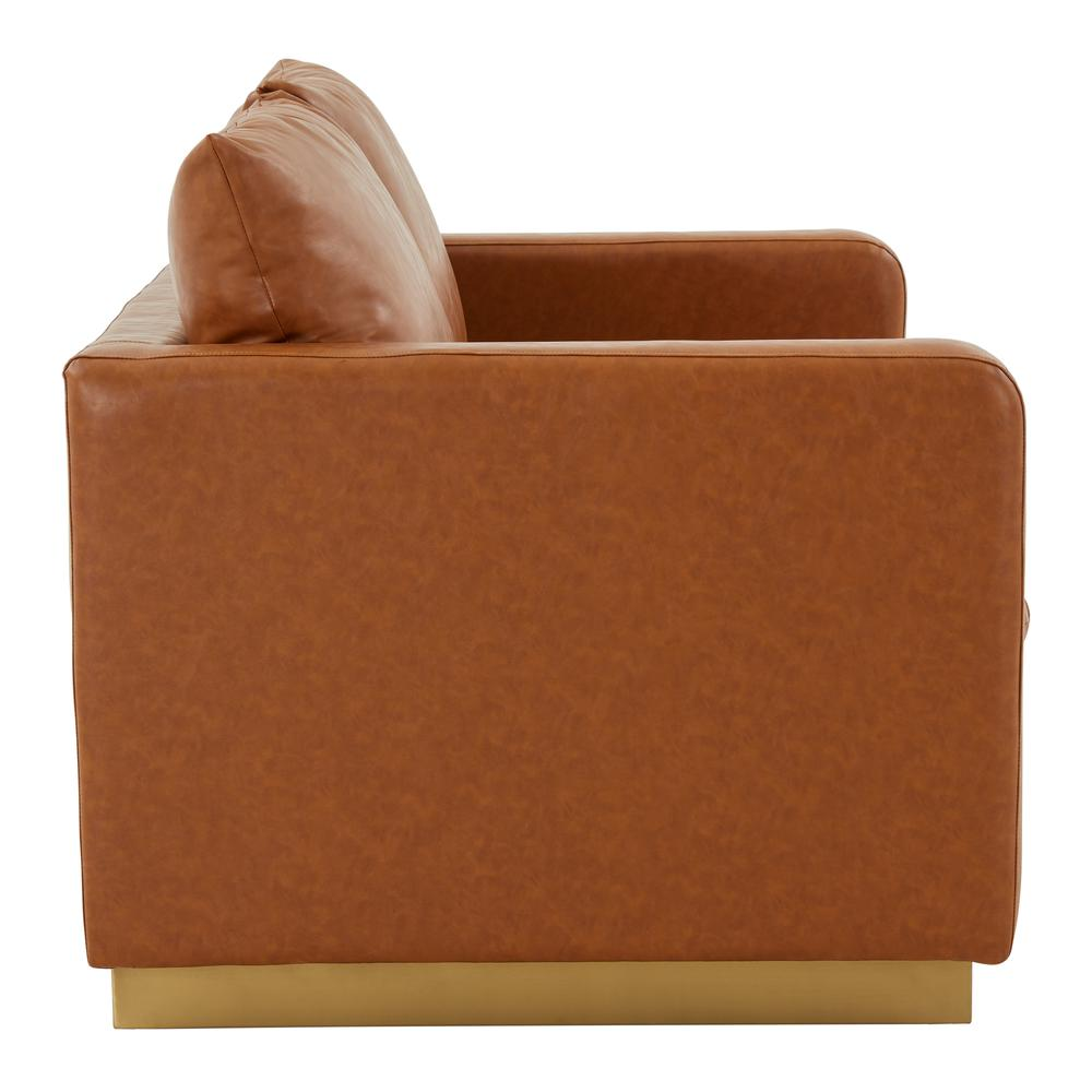 LeisureMod Nervo Modern Mid-Century Upholstered Leather Loveseat with Gold Frame, Cognac Tan