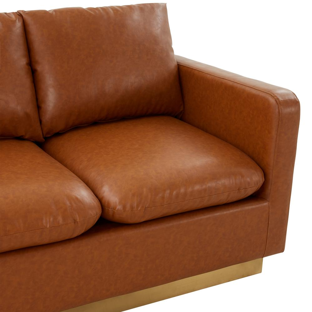 LeisureMod Nervo Modern Mid-Century Upholstered Leather Loveseat with Gold Frame, Cognac Tan