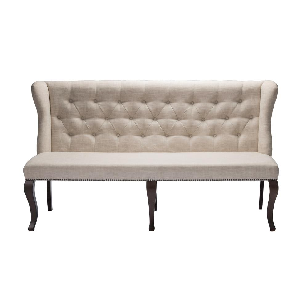 Classic Upholstered Bench in Linen Fabric w/Tufted Style Back & Nailhead Trim, Beige