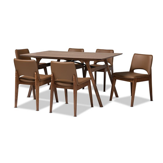 Leather Upholstered and Walnut Brown Finished Wood 7-Piece Dining Set