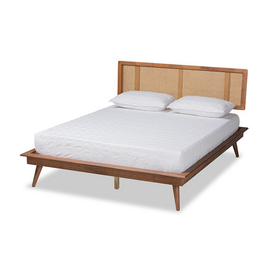 Walnut Brown Finished Wood and Synthetic Rattan King Size Platform Bed