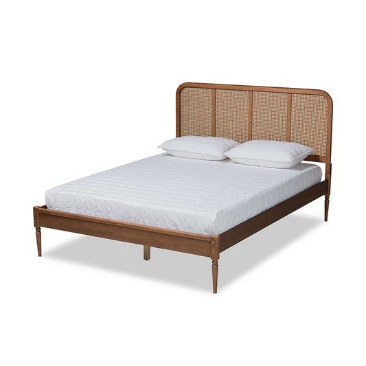 Walnut Brown Finished Wood and Synthetic Rattan King Size Platform Bed