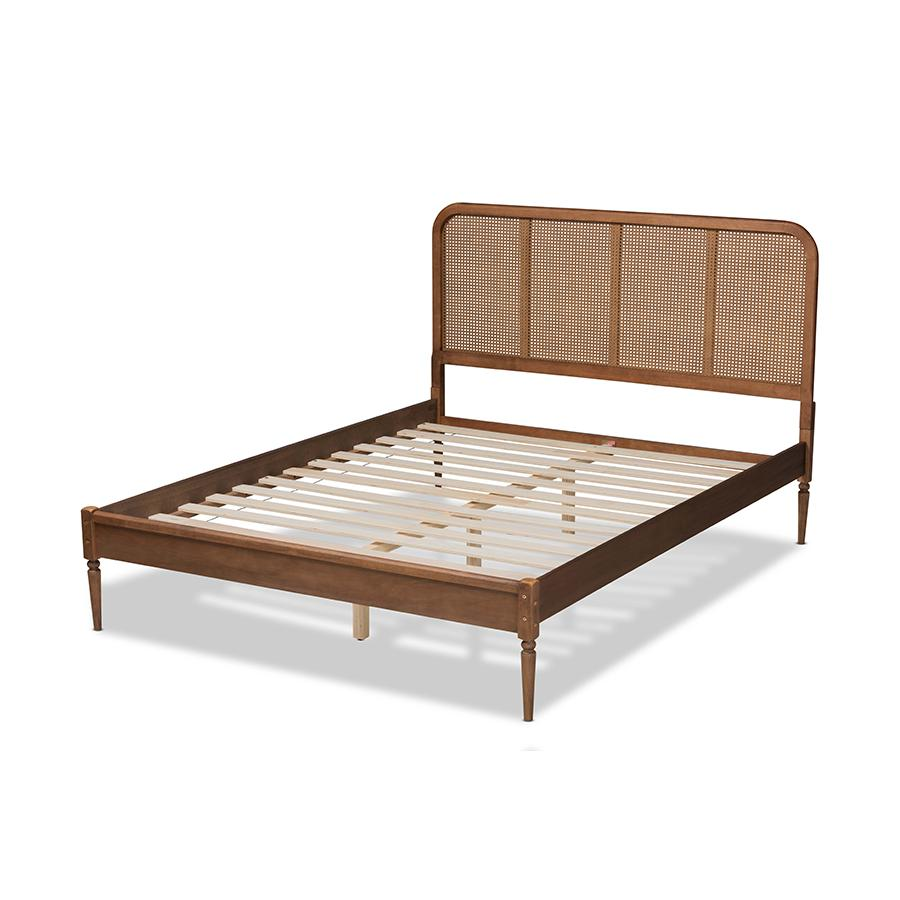 Walnut Brown Finished Wood and Synthetic Rattan King Size Platform Bed