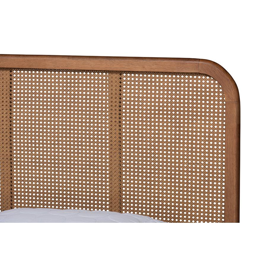 Walnut Brown Finished Wood and Synthetic Rattan King Size Platform Bed